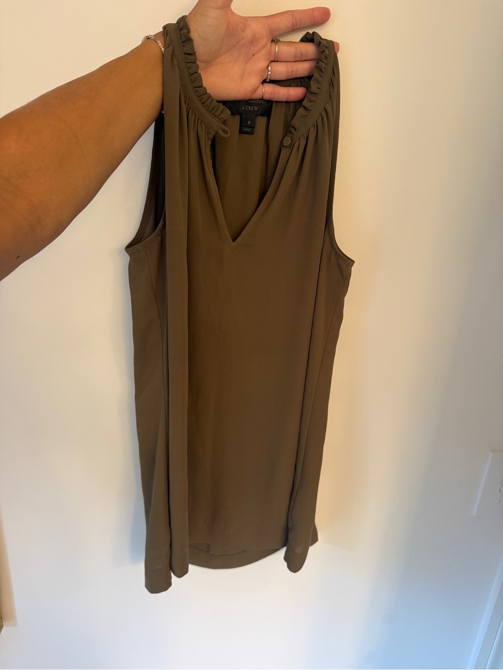 J. Crew Olive V-Neck Sleeveless Ruffle-Trim Cami